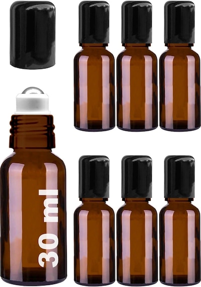 Çelik Roll On Şişesi 30 ML Sızdırmaz Siyah Kapaklı Amber Cam Şişe 6 Adet