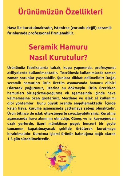 Seramik Hamuru Başlangıç Seti 4-6'lı Boya Seti, 5li Ebeşuar, Merdane, Fırça, 1000gr Doğal Kil B Standart