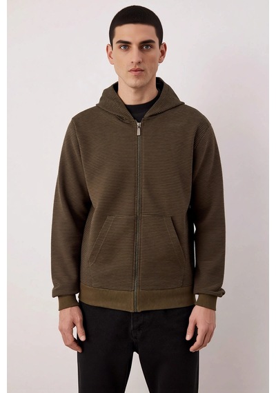 Benerly Erkek Bisiklet Yaka Standart Kol Fermuarlı Dokulu Sweatshirt Fonk Haki