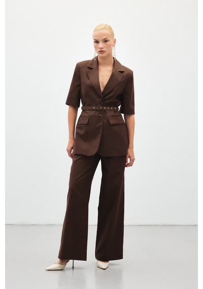 Sateen Bol Paça Keten Pantolon - Kahve-136410 Kahve