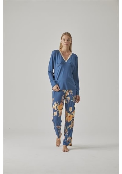 Relax Mode Kadın V Yaka Pijama Takımı - 10773 Mavi
