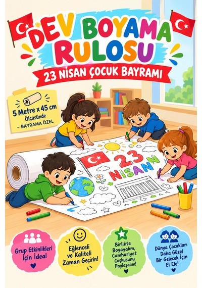 23 Nisan Çocuk Bayramı Dev Boyama Kağıdı Boyama Rulosu Büyük Boy 5 Metre - 906540463