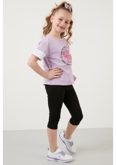 Lela Pamuklu Baskılı Bisiklet Yaka Kız Çocuk T Shirt 6211038 Lila