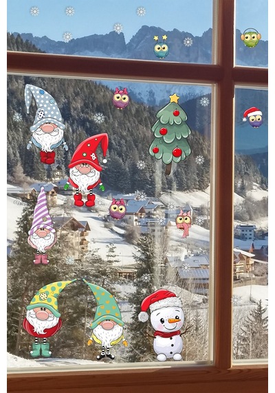 Yılbaşı Sticker Noel Cüceler Baykuş Kardan Adam Ve Kartaneleri Pencere Sticker