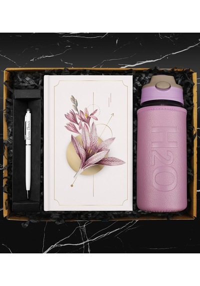 500 Ml Deri Kılıflı Cam Matara & Tasarım Defter & Touch Pen Kalem Hediye Seti
