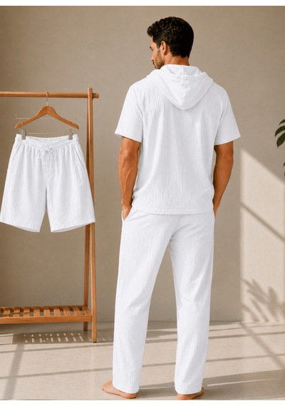 Erkek Müslin Kapşonlu 3'set Gömlek-şort-pantalon Beyaz