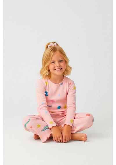 Gökkuşağı Desenli %100 Pamuklu Kız Çocuk Pijama Takımı - Toka Aksesuarlı Mevsimlik Takım Pembe Gökkuşağı Desenli %100 Pamuklu Kız Çocuk Pijama Takımı - Toka Aksesuarlı Mevsimlik Takım Pembe