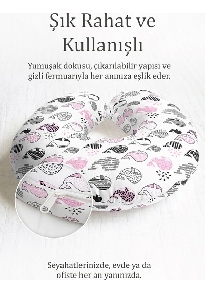 Sevimli Balina Desenli Pamuklu Boyun Yastığı - Modern Siyah Pembe Yumuşak Seyahat Yastığı Çok Renkli