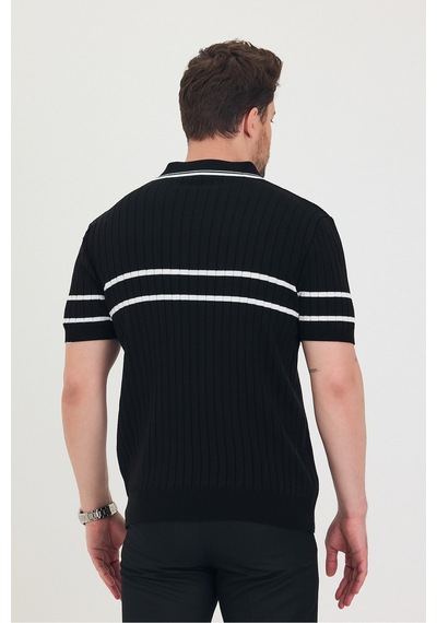 Cool Tarz Erkek Yaka Kol Göğüs Beyaz Çizgi Detaylı Siyah Triko T-shirt Siyah Siyah
