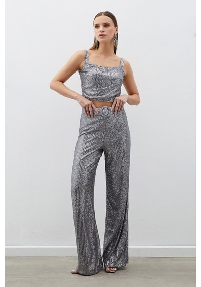 Sateen Kemerli Payet Pantolon - Gümüş