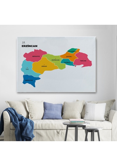 Erzincan İli Ve İlçeler Haritası Dekoratif Kanvas Tablo 1333 150 X 85