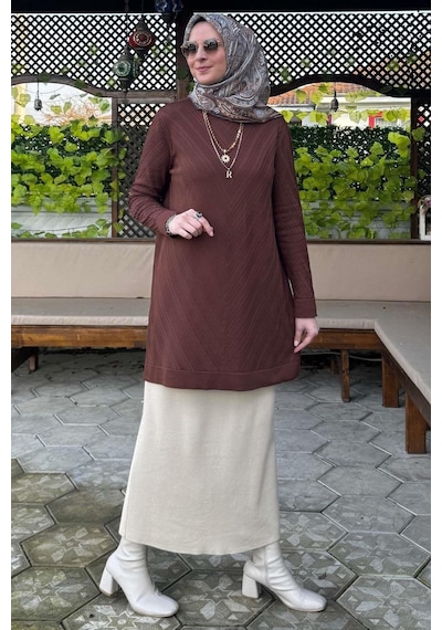 Rabia Şamlı Damla Triko Tunik Kahve Çok Renkli