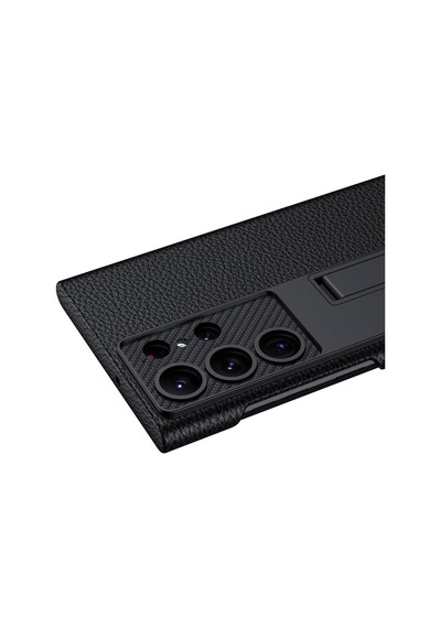 Galaxy Uyumlu S24 Ultra Kılıf Kılıf Karbonfiber Suni Deri Görünümlü Kıpta Standlı Kapak