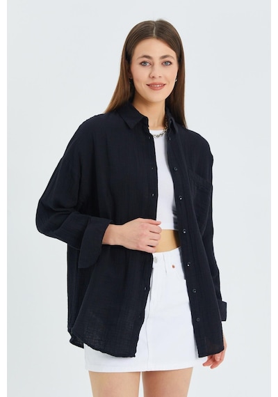 Mixray 3833 Kadın Oversize Cepli Müslin Gömlek Siyah