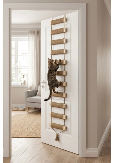 Ahşap Kedi Tırmanma Merdiveni Ve Duvar Köprüsü - Jüt İpli, 11 Basamak, 125 Cm