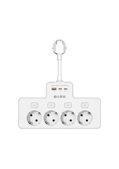 S-link Prz08 Beyaz 4 Soketli 15cm 1 Usb 2 Type-c Pd20w Tam Bakır Kablolu Akım Korumalı Priz 0