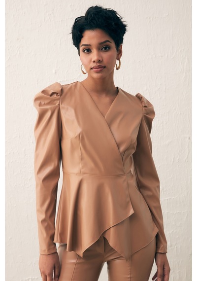 Sateen Kruvaze Deri Bluz - Camel