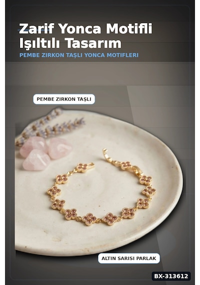 Bay Pirinç Yonca Desenli Zirkon Taşlı Kadın Bileklik - Tekli Paket, Rengi Zarif Aksesuar Bx-313612 Najmaddin Standart