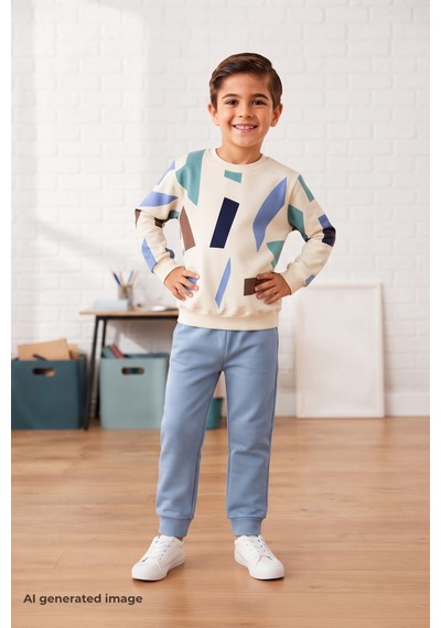 Pina Kids Erkek Çocuk Geometrik Desenli Okul Günlük Eşofman Takımı Esf7038 Mavi