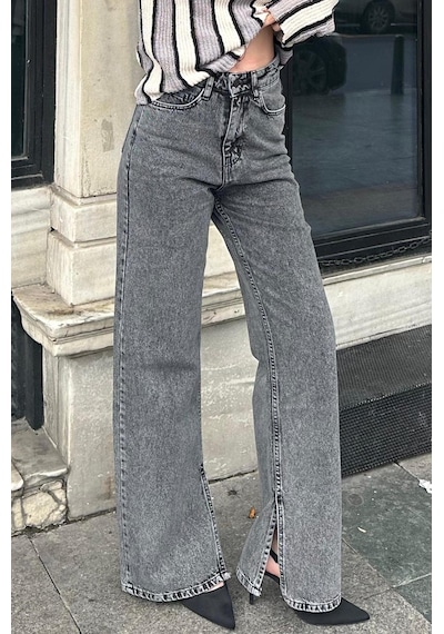 Madmext Siyah Yüksek Bel Paçası Yırtmaçlı Kadın Jean Mg1384 Siyah