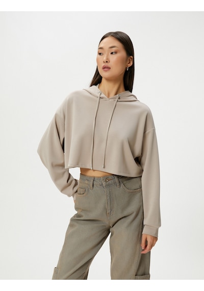 Koton Kapşonlu Crop Sweatshirt Uzun Kollu Bej 4sak10006ek Ekru