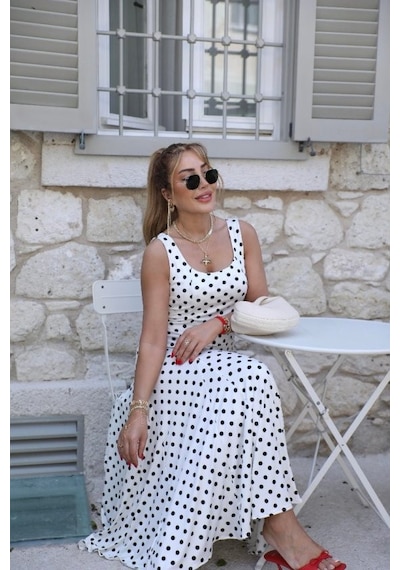 Veraura Lifestyle Kadın Askılı Yuvarlak Yakalı Uzun Süprem Elbise BEYAZ