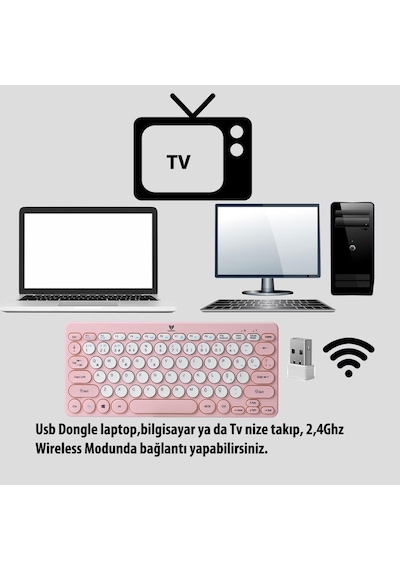 Blueforce Bt-k95 Bluetooth V5.0 Wireless Kablosuz Klavye Pembe Android, Ios, Mac, Windows, Tv Uyumlu