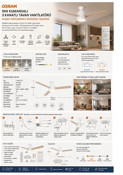 Osram Ceiling Blade Fan 18w 3 Kanatlı Beyaz Kumandalı Tavan Vantilatörü