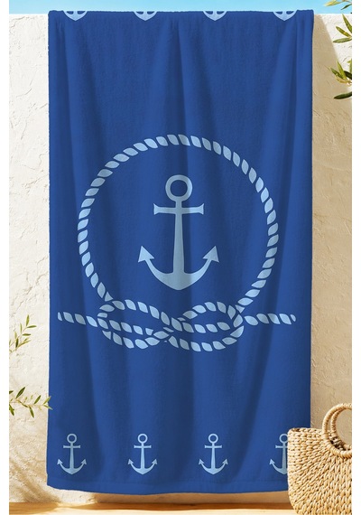 Çapa Marine Lacivert Plaj Havlusu - Halat Motifli Modern Mavi Hızlı Kuruyan Mikrofiber Havlu Yumuşak İncir