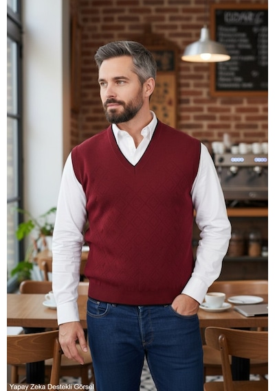 Kamalı Erkek Bordo Tüylenme Yapmayan Anti Pilling Kumaş Standart Fit Normal Kesim V Yaka Triko Süveter