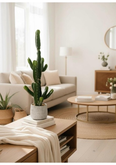 Yapay Kaktüs Euphorbia İngens Şamdan Ağacı Beton Saksıda Yapay Bitki 70cm Yeşil