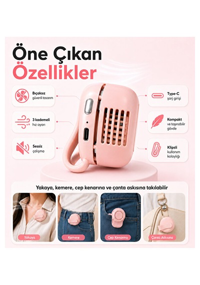 Şarjlı Klipsli Mini Fan Bıçaksız 3 Kademeli Type-c Taşınabilir Yaka Kemer Cep Ve Pembe