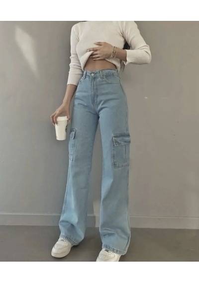 Kadın Açık Mavi Kargo Cep Palazzo Wide Leg Bej Buz Mavi