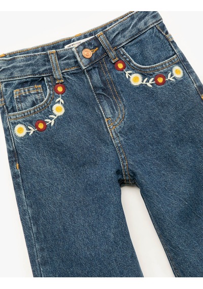 Koton Çiçek İşlemeli Geniş Paça Koyu İndigo Kız Çocuk Jean Pantolon 6wkg40029ad Koyu İndigo