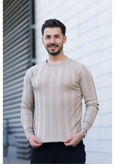 Hk Premium Kazak Fitilli Bisiklet Yaka Slim Fit Triko Bej