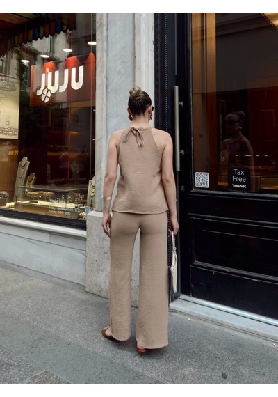 Defymoda Kadın Aerobin Kumaş Kruvaze Takım Krem