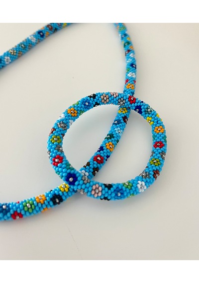 Chichibeads Mavi Papatya Desenli Kolye Bileklik Set Beyaz - Mavi