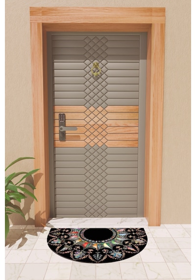 Rugmood Modern Dijital Paspas Siyah Mandala Desen Paspas - Kapı Önü Paspası