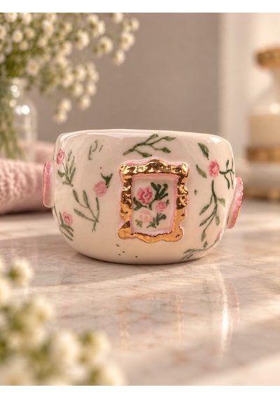 Rose Garden Kupa El Yapımı Seramik Beyaz - Çok Renkli