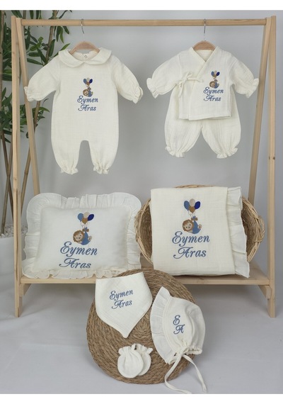 Gros Shop Müslin Yeni Doğan 4katlı Organik %100pamuk Kişiye Özgü Nakışlı Hastane Çıkış Seti Balonlu Aslan-3 Ekru