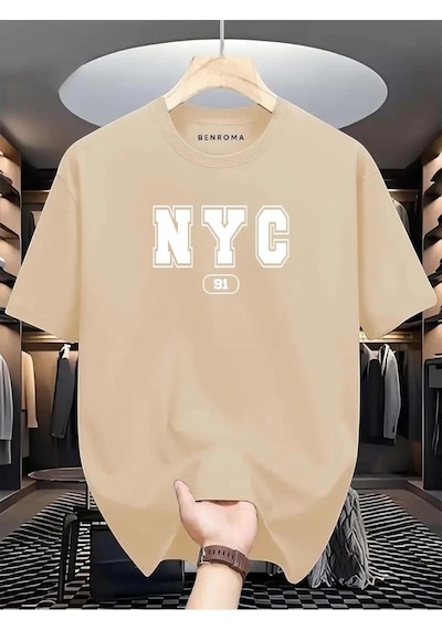 Nyc Baskılı Oversize Tişört Bej