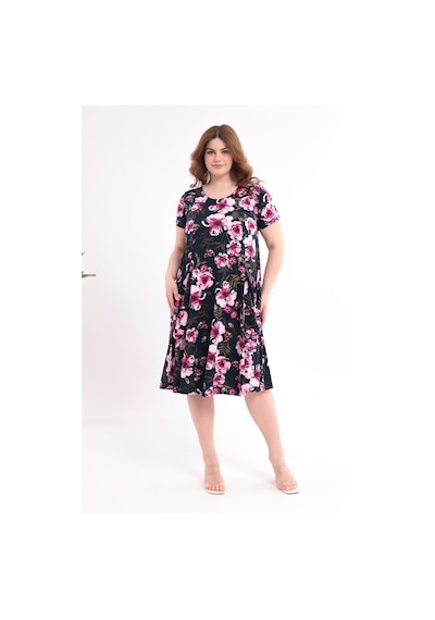 Madwilo Kadın Lacivert Pembe Floral Desen Cepli Salaş 42-54 Uyumlu Standart Beden Esnek Elbise