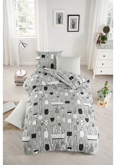 Çift Kişilik Kaktüs Desenli Gri Nevresim Takımı Lastikli Çarşaflı 200 X 220 Cm Beyaz