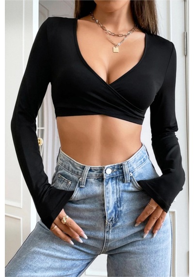 Kadın Crop Bluz Uzun Kollu V Yaka Fit Basic Şık Üst Siyah