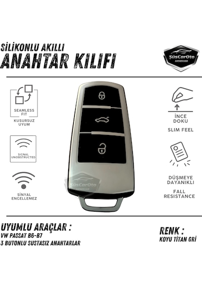 Volkswagen Passat B6 B7 Uyumlu Silikon Anahtar Kılıfı Oto Anahtar Kabı Darbe Emici Anahtarlık Koyu Titan Gri 00 Şüscaroto Aksesuar