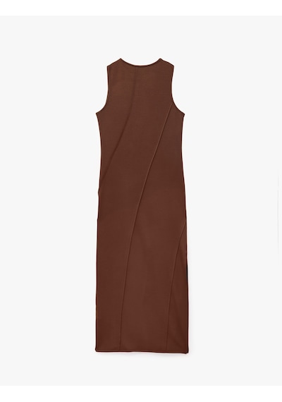 Koton Viskon Karışımlı Slim Fit Yırtmaçlı Kolsuz Bisiklet Yaka Bodycon Kalem Uzun Elbise Kahverengi 6sak80035pk Kahve