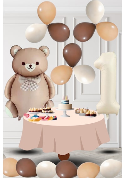 1 Yaş Retro Folyo Karamel Ayıcık Kahverengi Ten Kum Beji Balon Krem Rakam Doğum Günü Süsleme Kahverengi