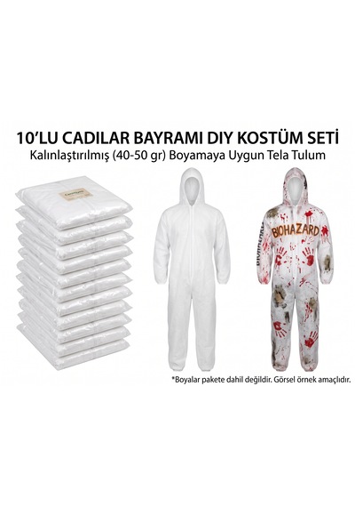 10'lu Cadılar Bayramı Halloween Zombi & Biyotehlike Dıy Kostüm Tulumu - Boyanabilir Dayanıklı Beyaz Tela