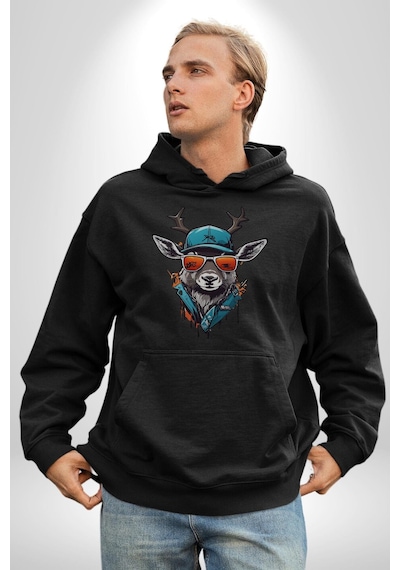 Güneş Gözlüğü Savaşcı Geyik Kadın Erkek Siyah Kapüşonlu Sweatshirt Hoodie Siyah