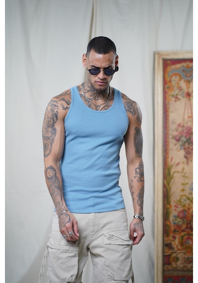 Slim Fit Kaşkorseli Esnek Düz Erkek Sporcu Atlet Mavi